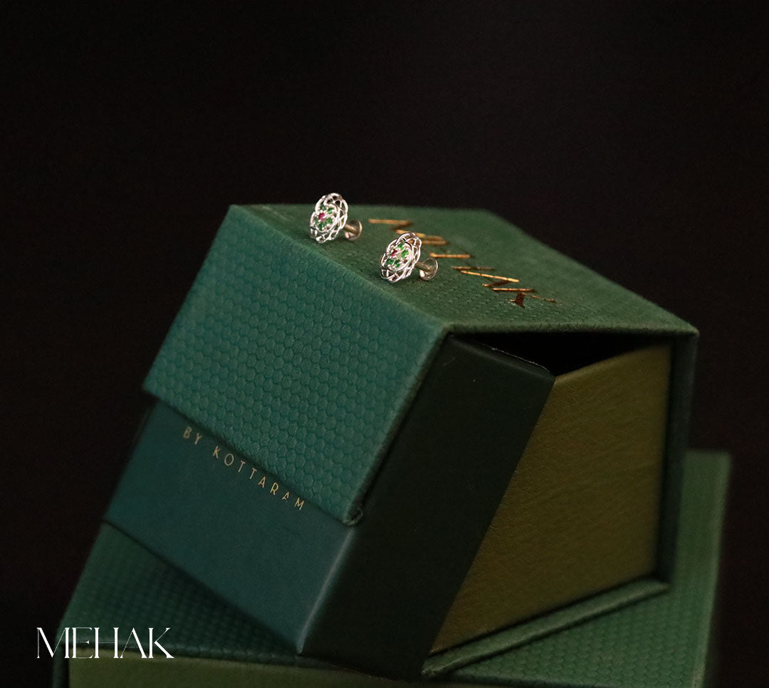 Flower Seconde Studs|Nose pins| Green and Red Stone