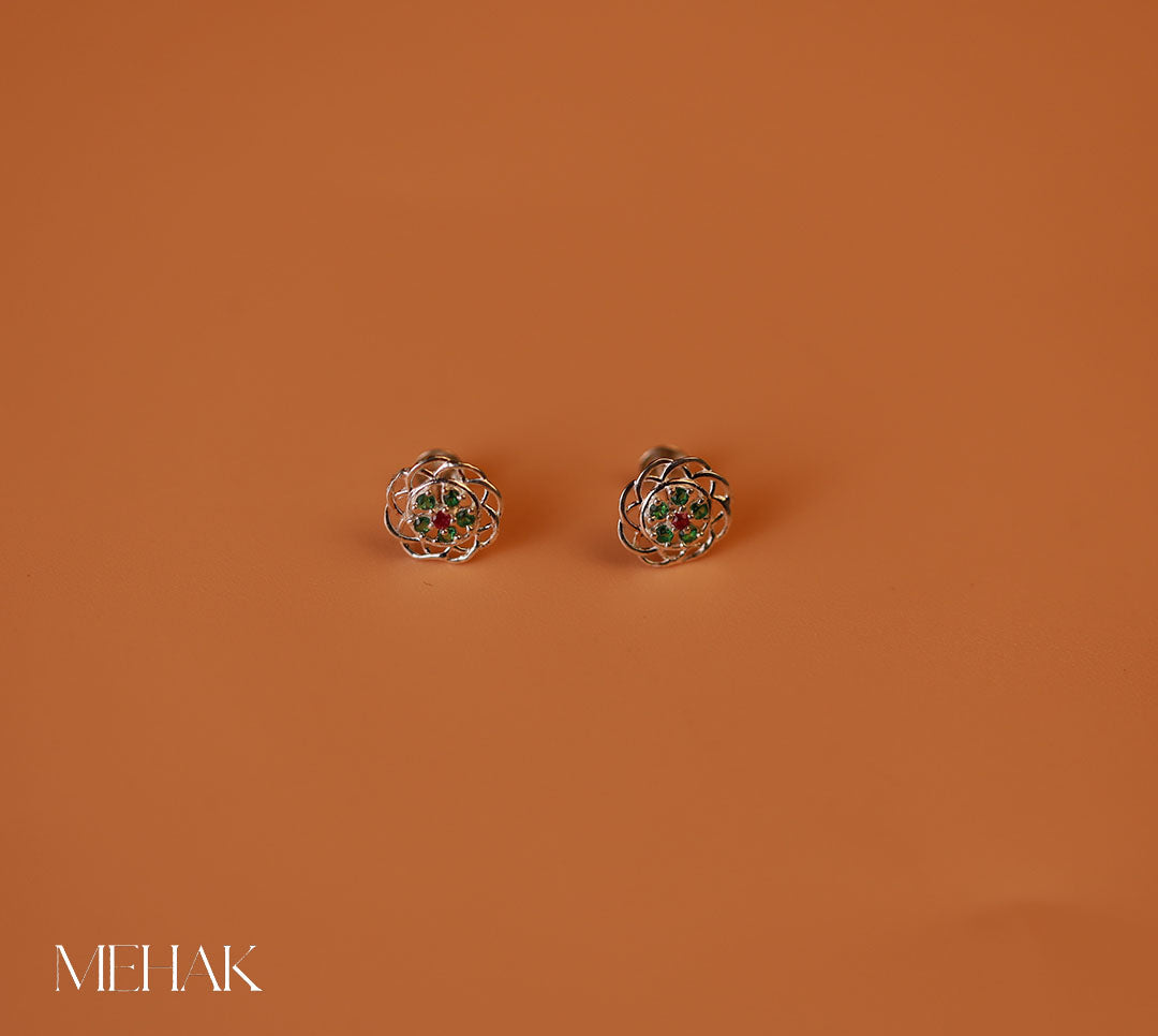 Flower Seconde Studs|Nose pins| Green and Red Stone